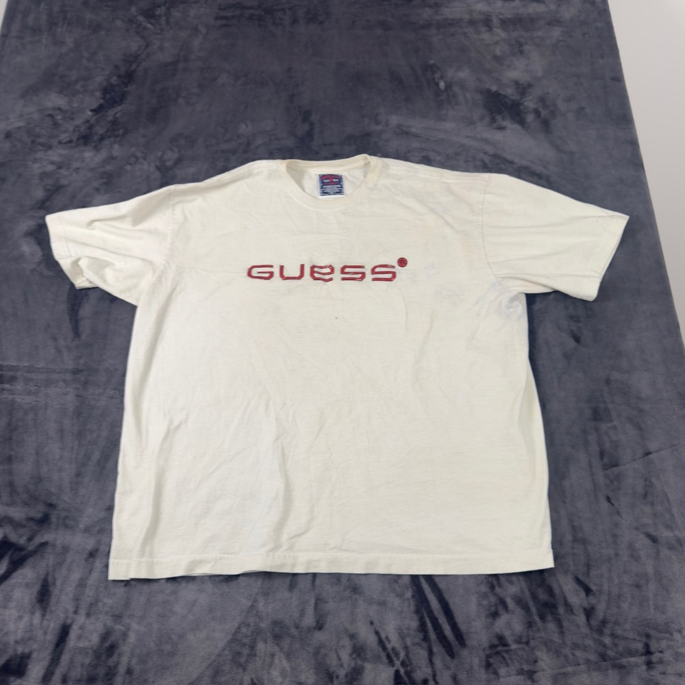 Guess T-Shirt Mens 2XL White Red Raised Logo Short Sleeve Vintage Style 2736